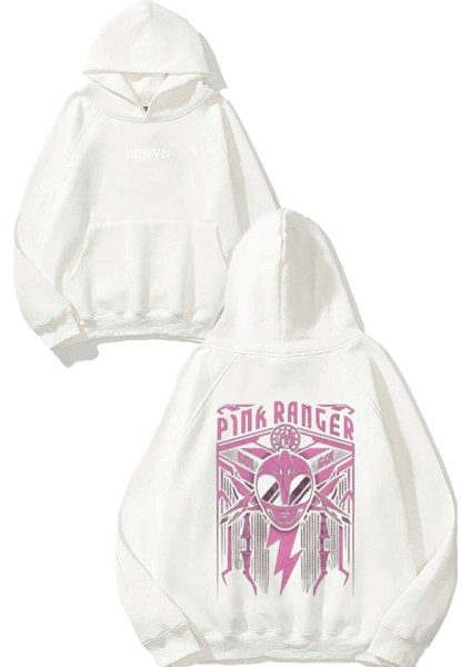 Pink Ranger Tasarım Baskılı Oversize Beyaz Kapüşonlu Sweatshirt