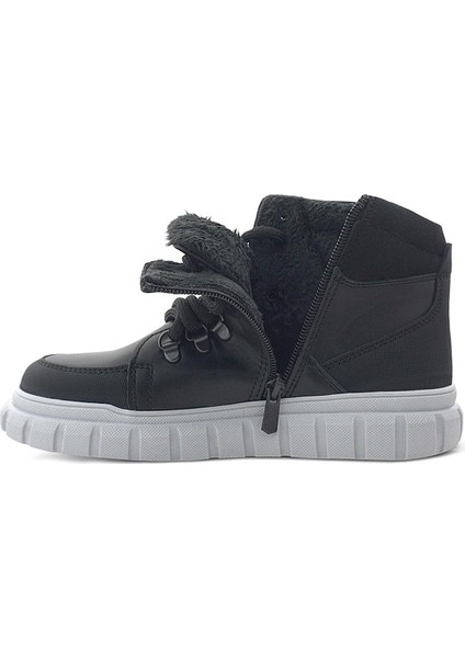 Hakiki Deri Siyah Gri Fermuarlı Erkek Çocuk Bot
