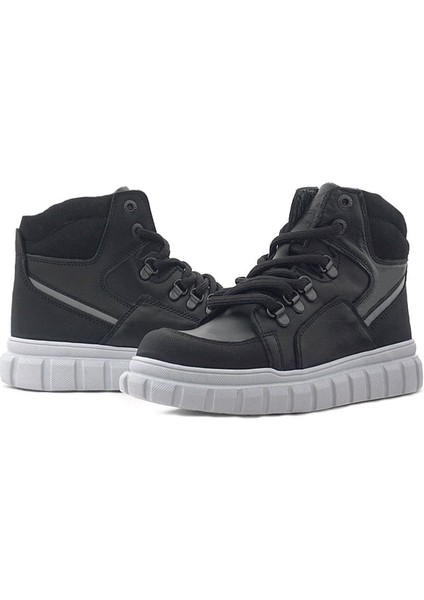 Hakiki Deri Siyah Gri Fermuarlı Erkek Çocuk Bot