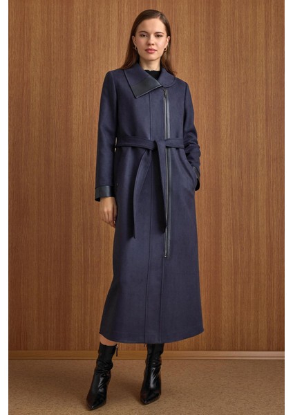 Devrik Yaka Fermuar Kapamalı Deri Garnili Süet Görünümlü Kap Lacivert 6804