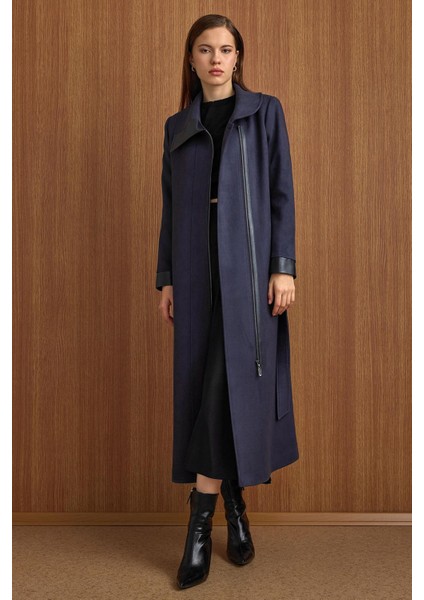 Devrik Yaka Fermuar Kapamalı Deri Garnili Süet Görünümlü Kap Lacivert 6804 fiyatları