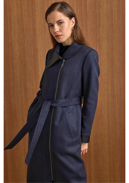 Devrik Yaka Fermuar Kapamalı Deri Garnili Süet Görünümlü Kap Lacivert 6804 modelleri