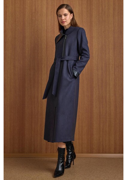 Devrik Yaka Fermuar Kapamalı Deri Garnili Süet Görünümlü Kap Lacivert 6804 fırsatları