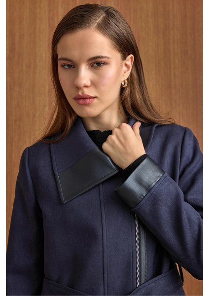 Devrik Yaka Fermuar Kapamalı Deri Garnili Süet Görünümlü Kap Lacivert 6804 indirimleri