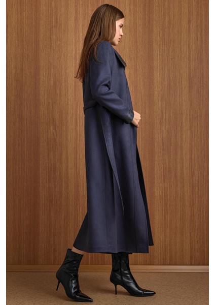 Devrik Yaka Fermuar Kapamalı Deri Garnili Süet Görünümlü Kap Lacivert 6804