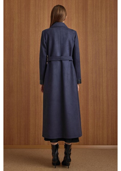 Devrik Yaka Fermuar Kapamalı Deri Garnili Süet Görünümlü Kap Lacivert 6804