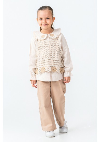 Örme Çiçek Detaylı Kız Çocuk 3\'lü Takım - 26K 4479