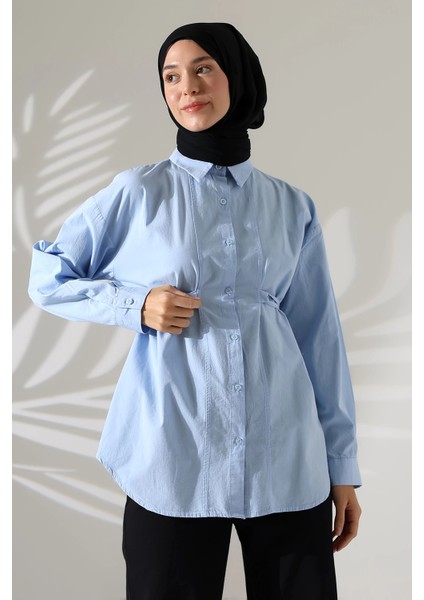 Kadın 100% Pamuk Poplin Kumaş Mavi Tesettür Gömlek