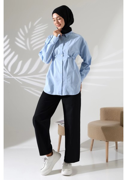 Kadın 100% Pamuk Poplin Kumaş Mavi Tesettür Gömlek modelleri