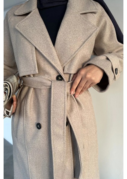 Çift Cepli Bel Kuşak Detaylı Tesettür Kaşe Kaban P-00018940 modelleri