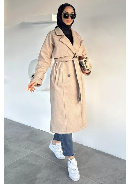 Çift Cepli Bel Kuşak Detaylı Tesettür Kaşe Kaban P-00018940 fırsatları