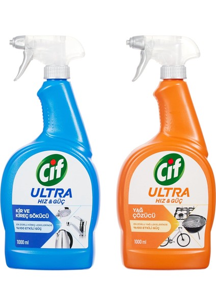 Cif Ultra Hız Güç Yağ Çözücü Sprey Leke ve Kir Çıkarıcı 1000 ml + Cif Kireç Sökücü Sprey 1000 ml