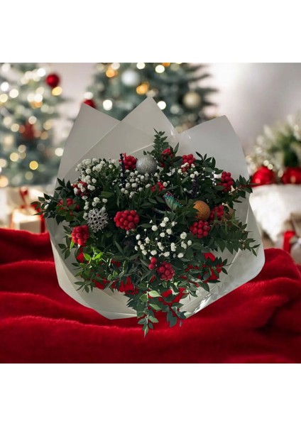 Beyaz Sarmalı 12 Dal Kokina Yılbaşı Buketi (Özel Tasarım Çiçek Aranjmanı)