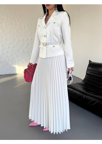 Kadın Kemerli Gold Düğmeli Premium Ceket Pileli Uzun Etek Takım Elbise modelleri