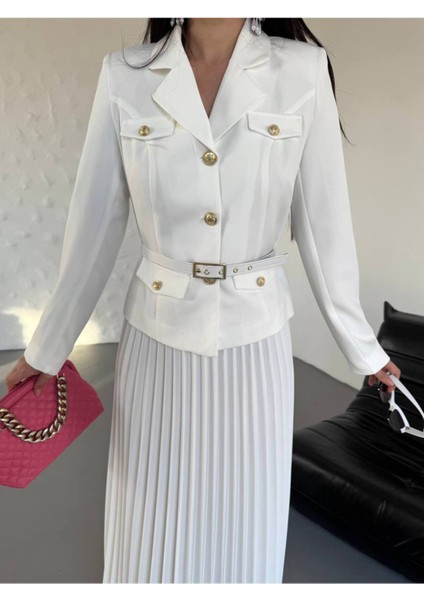 Kadın Kemerli Gold Düğmeli Premium Ceket Pileli Uzun Etek Takım Elbise fırsatları