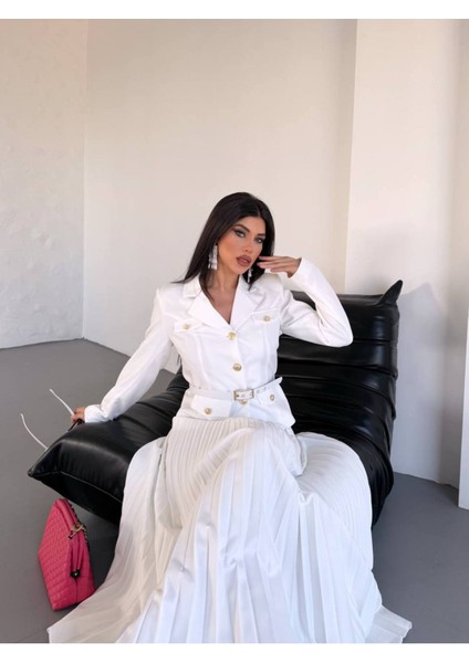 Kadın Kemerli Gold Düğmeli Premium Ceket Pileli Uzun Etek Takım Elbise indirimleri