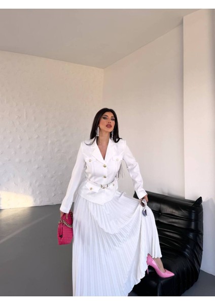 Kadın Kemerli Gold Düğmeli Premium Ceket Pileli Uzun Etek Takım Elbise