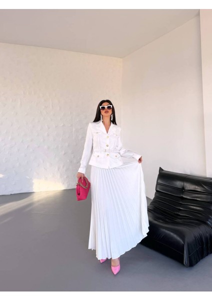 Kadın Kemerli Gold Düğmeli Premium Ceket Pileli Uzun Etek Takım Elbise