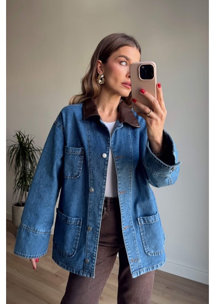 Mavi Deri Yakalı Denim Ceket