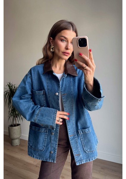 Mavi Deri Yakalı Denim Ceket fiyatları