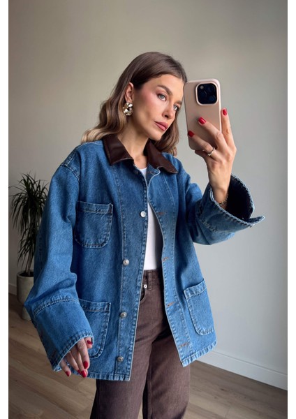 Mavi Deri Yakalı Denim Ceket modelleri