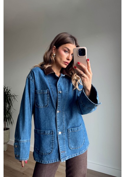 Mavi Deri Yakalı Denim Ceket indirimleri