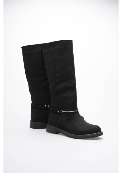 Kadın Süet Çekme Çizme Gold Tokalı Siyah Rionna