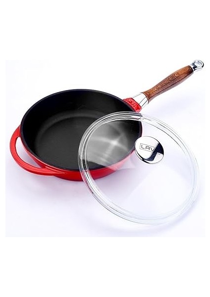 Metal Cam Kapaklı Ahşap Kulplu Yuvarlak Kızartma Tavası, 24 Cm, Kırımızı fırsatları