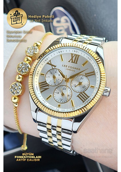 Orijinal Lee Cooper Fonksiyonları Aktif Takvimli Gold Gümüş Sarı Beyaz Çelik Kadın Kol Saati