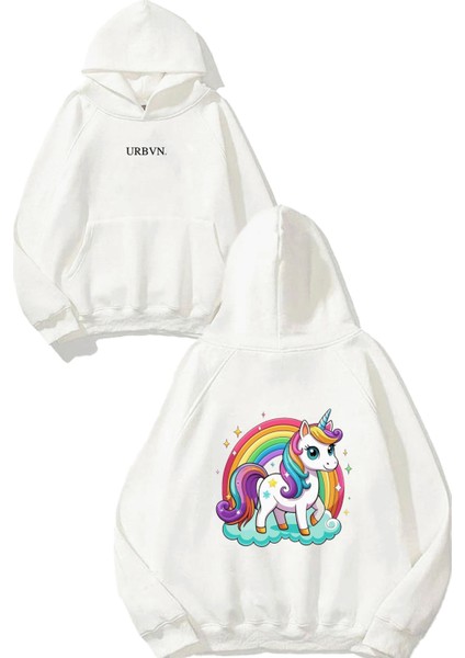 Gökkuşağı Unicorn Tasarım Baskılı Oversize Beyaz Kapüşonlu Sweatshirt