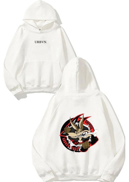 Wile E Coyote Tasarım Baskılı Oversize Beyaz Kapüşonlu Sweatshirt