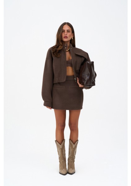 Tenby Koyu Kahve Crop Ceket-Etek Takım