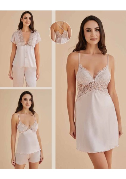 Kadın Pudra Gecelik&sabahlık&şortlu Takım&pijama Takımı 6'lı Saten Gelin Çeyizlik Set W8.7.4.1dkukch