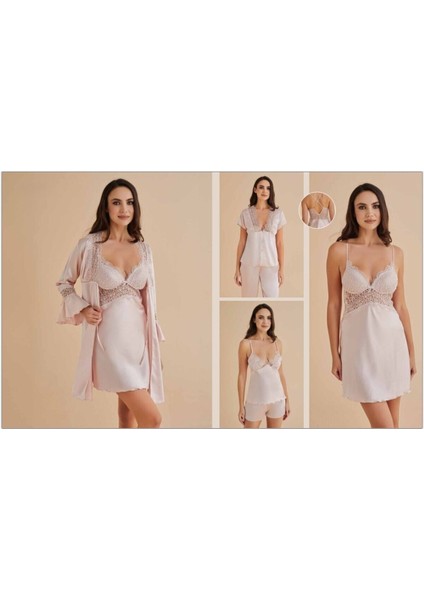 Kadın Pudra Gecelik&sabahlık&şortlu Takım&pijama Takımı 6'lı Saten Gelin Çeyizlik Set W8.7.4.1dkukch modelleri