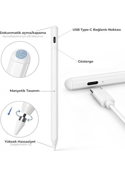 Stylus – Usb-C Hızlı Şarj, Avuç Içi Reddetme, 8 Saat Kullanım, Tüm iPad 6/7/8/9/10, Air, Pro ve Mini Modeller Ile Uyumlu(2 Adet Yedek Uç) modelleri