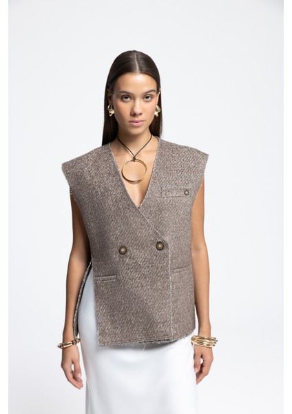 Faven Kahve Yan Yırtmaç Detay Yelek