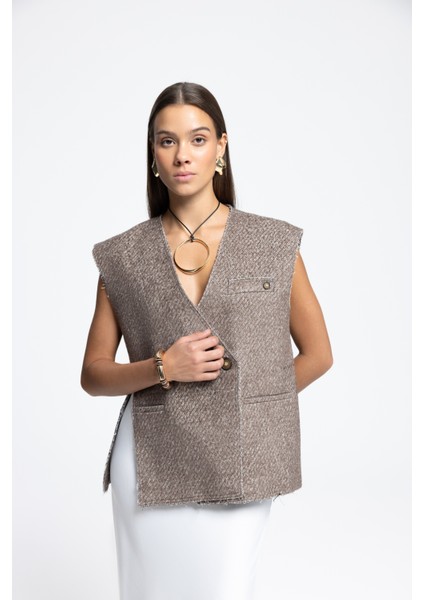 Faven Kahve Yan Yırtmaç Detay Yelek modelleri