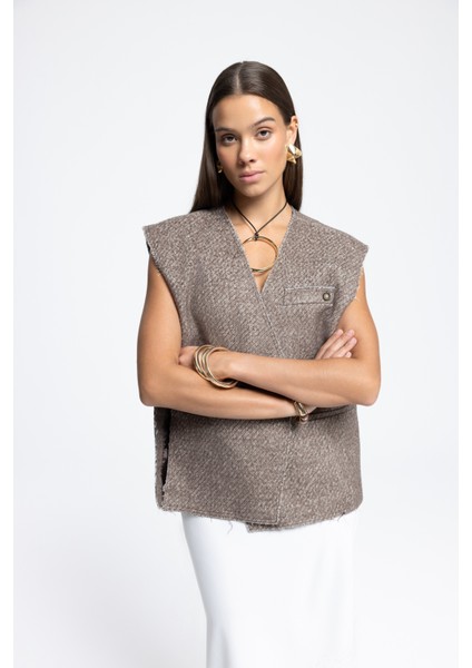 Faven Kahve Yan Yırtmaç Detay Yelek