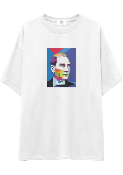 Atatürk Pop Art Oversize Tişört - Beyaz