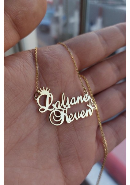 925 Ayar Gümüş 24 Ayar Altın Kaplama 2 Isimli Kelebek Figürlü Kolye