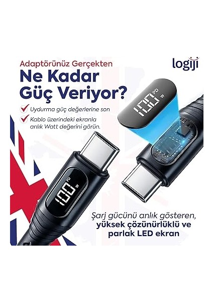 100W Type-C To Type-C Dijital LED Ekranlı Göstergeli Hızlı Şarj Kablosu | E-Mark Çipli, Dayanıklı Örgülü, 1.2m, Usb-C Pd 3.0, iPhone 15 16, Samsung Xiaomi Telefon, Macbook Laptop Tablet Uyumlu fiyatları