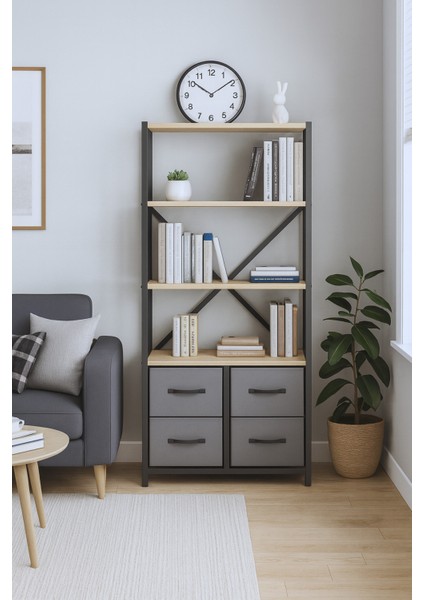 4 Çekmeceli 4 Raflı Kitaplık Çalışma Odası Düzenleyici Metal Kitaplık Deri Çekmeceli Kitaplık