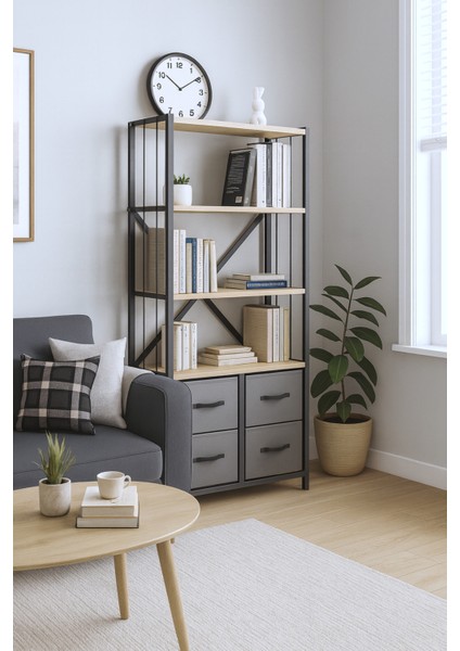 4 Çekmeceli 4 Raflı Kitaplık Çalışma Odası Düzenleyici Metal Kitaplık Deri Çekmeceli Kitaplık modelleri