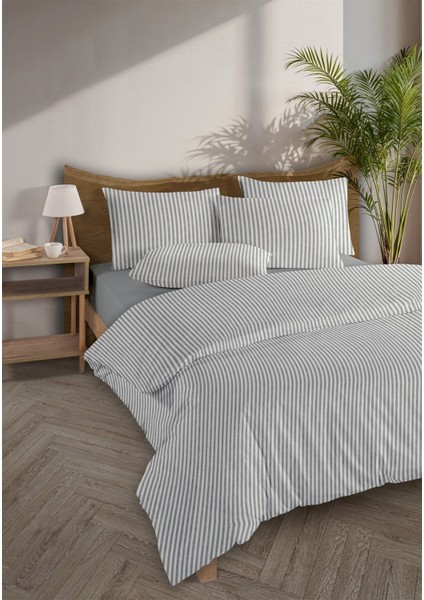 Striped %100 Pamuk Ranforce Yezra Koyu Gri Ipliği Boyalı Nevresim Takımı Tek Kişilik - 160X220 cm