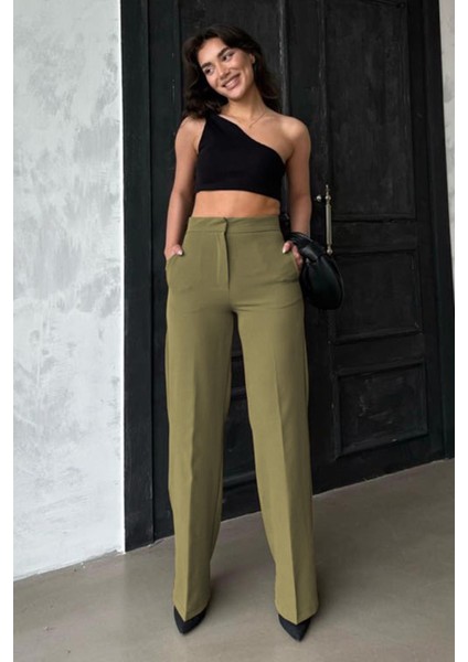 Haki Yüksek Bel Kumaş Pantolon MG2284