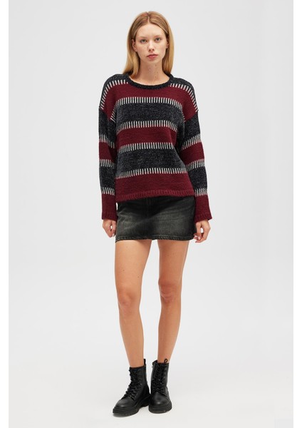 Liliane Geniş Çizgili, Kadın Triko Tunik - Antrasit Multi