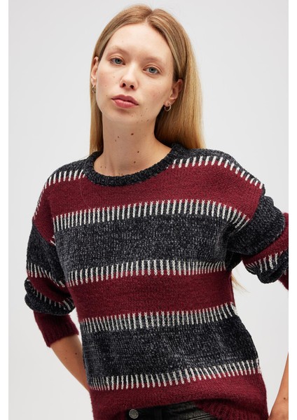 Liliane Geniş Çizgili, Kadın Triko Tunik - Antrasit Multi