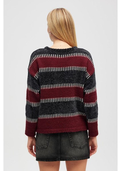 Liliane Geniş Çizgili, Kadın Triko Tunik - Antrasit Multi