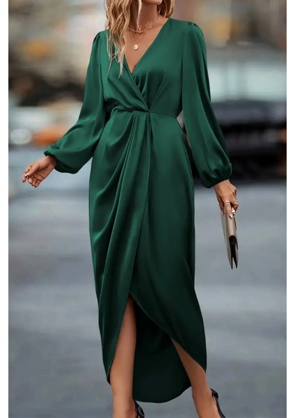 Kadın Zümrüt Yeşili Kruvaze Yaka Kol ve Bel Lastik Büzgülü Drapeli Saten Abiye Elbise fiyatları