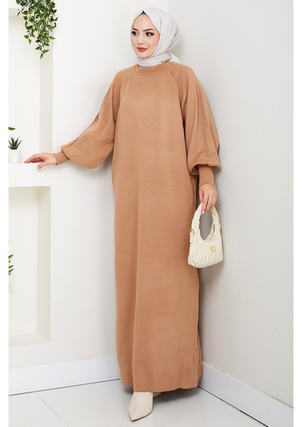 Balon Kol Triko Elbise 1600 - Açık Kahve